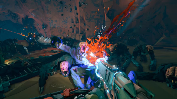 Screenshot from Deep Rock Galactic: Rogue Core showing a player battling aliens with a weapon in a cave environment.