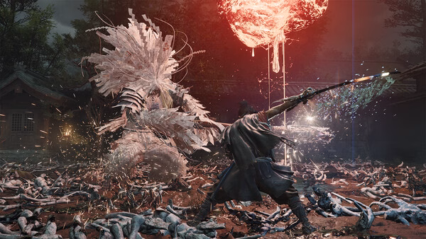 Screenshot from Onimusha: Way of the Sword showing a warrior battling a mystical creature under a glowing red orb.