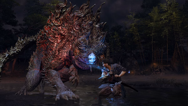 Screenshot from Onimusha: Way of the Sword showing a warrior facing a large, fiery demon in a dark forest setting.