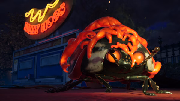 Screenshot from Grounded 2 showing a menacing, large insect with bright orange markings near a neon sign at night.
