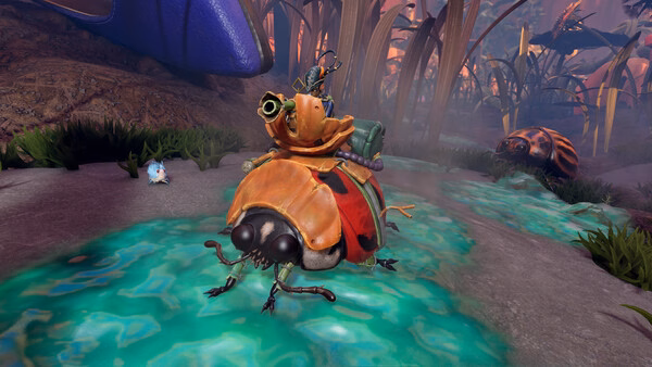 Screenshot from Grounded 2 shows a character riding a large ladybug in a vibrant, oversized garden environment.