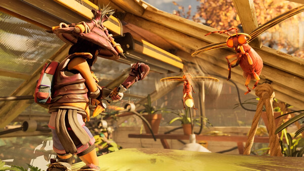 A screenshot from Grounded 2 showing a player character in armor battling two giant insects inside a greenhouse-like environment.