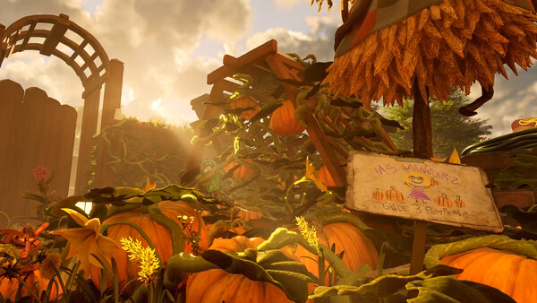 Screenshot from Grounded 2 showing a pumpkin patch with a sign reading "Ms. Mancur's Grade 3 Pumpkin Pie" in warm sunlight.