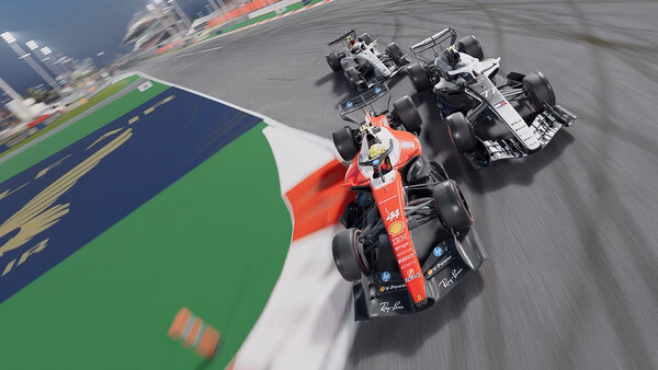 F1 25 screenshot: Three race cars speed around a sharp track corner, with tire marks visible on the asphalt.