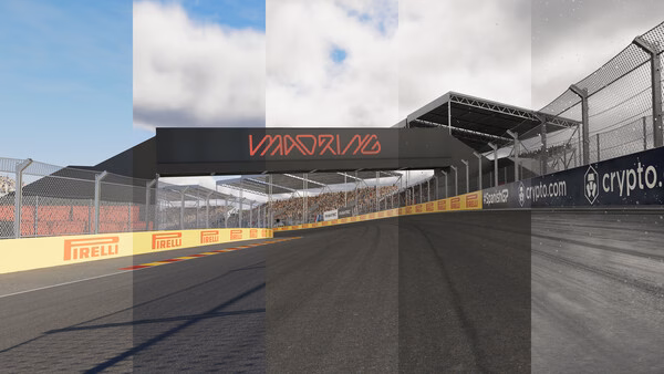 Screenshot from F1 25 showing a racetrack with a branded arch and clear sky, emphasizing the game's realistic graphics.