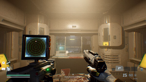 Screenshot from Species: Unknown showing a futuristic control room with radar and weapon interface.