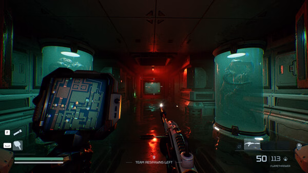 Screenshot from Species: Unknown shows a player in a dim corridor with a map device and tanks containing alien creatures.