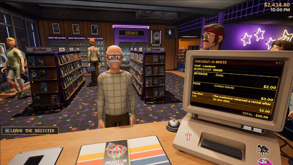 Screenshot of Retro Rewind - Video Store Simulator showing a clerk at the register, customers browsing shelves, and a checkout screen.