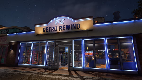 Screenshot of Retro Rewind - Video Store Simulator showing the store's illuminated facade at night.