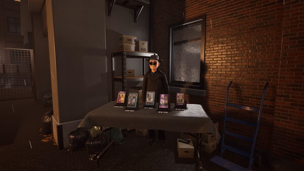 Retro Rewind - Video Store Simulator screenshot: A character stands by a table displaying VHS tapes in a dimly lit alley.