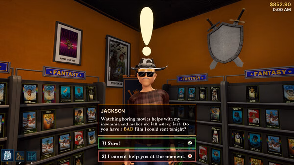 Screenshot from Retro Rewind - Video Store Simulator: A customer with a cowboy hat asks for movie recommendations in the Fantasy section.