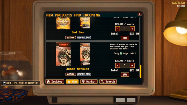 Retro Rewind - Video Store Simulator screenshot: A CRT monitor displays movie listings, prices, and purchase options in a retro interface.