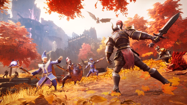 RuneScape: Dragonwilds screenshot featuring armored characters and creatures against a vibrant autumn forest backdrop.