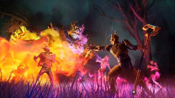 Screenshot from RuneScape: Dragonwilds showing a player battling a giant, colorful monster surrounded by fiery, glowing creatures.