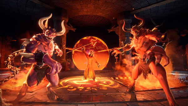 Screenshot from RuneScape: Dragonwilds showing a mage surrounded by fiery runes, facing two horned demons in a dark chamber.