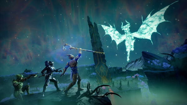 A RuneScape: Dragonwilds screenshot showing three adventurers facing a glowing dragon in a mystical, colorful landscape.