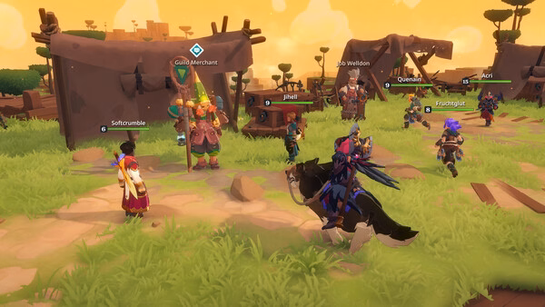Screenshot from the game Farever showing players and NPCs interacting in a colorful outdoor market with tents and grass.