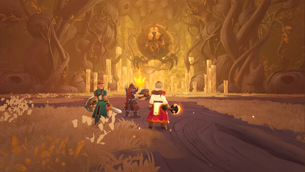 Screenshot from Farever: Three adventurers stand before a mysterious, glowing altar in an enchanted forest.