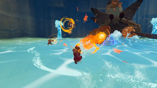 Farever screenshot: Players in vibrant combat against a fiery boss in a water-filled arena, showcasing dynamic action effects.