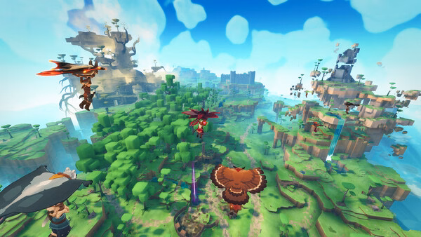 Screenshot from Farever showing characters flying over a lush forest with floating islands and a bright, cloudy sky.