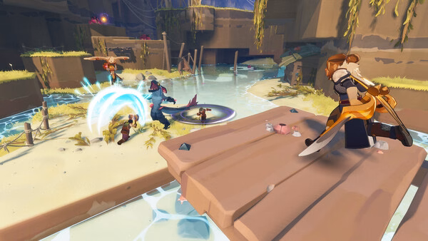 Screenshot from Farever showing a sword-wielding character on a platform, observing a battle with magical effects below.