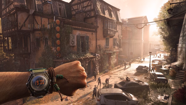 Screenshot from Dying Light: The Beast shows a wristwatch-clad arm overlooking a street filled with zombies and abandoned cars.