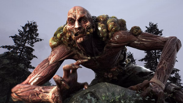 A grotesque mutant creature crouches in a forest setting in this Dying Light: The Beast screenshot.