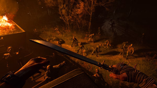 Screenshot from Dying Light: The Beast showing a player wielding a machete, facing a horde of zombies in a dimly lit area.