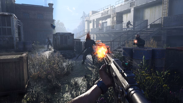 A Dying Light: The Beast screenshot showing intense combat, with a player firing at enemies in an industrial outdoor setting.