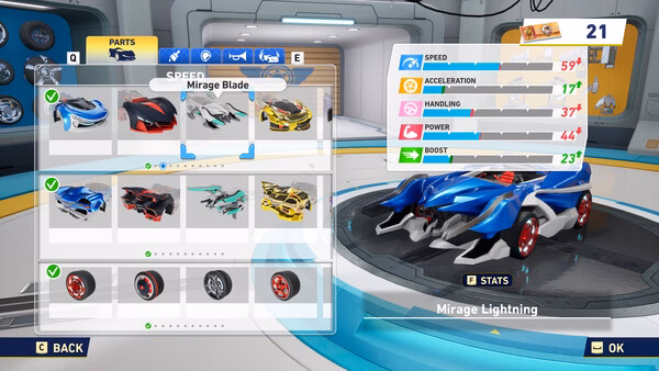 Sonic Racing: CrossWorlds screenshot featuring the Mirage Lightning car selection menu with stats and customization options visible.