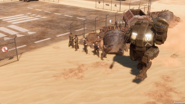 Screenshot from MENACE showing a group of soldiers advancing alongside a large mech on a sandy desert with a fence in the background.