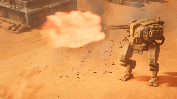 A screenshot from MENACE showing a mech firing a large cannon in a desert environment with scattered bullet casings and a nearby building.