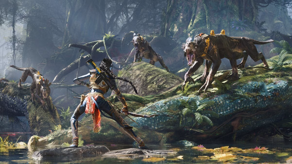 A screenshot from Avatar: Frontiers of Pandora shows a character facing off against three alien creatures in a lush, forested landscape.