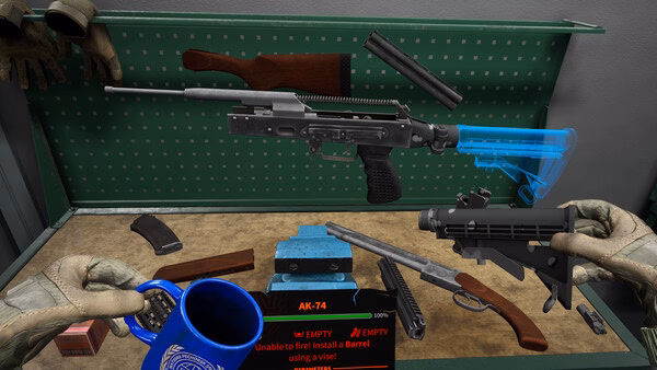 Into the Radius 2 screenshot: A player assembles an AK-74, surrounded by gun parts and tools in a workshop setting.