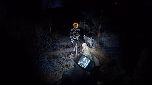 Screenshot from Into the Radius 2 showing a player aiming a weapon at a creature in a dark, eerie forest environment.