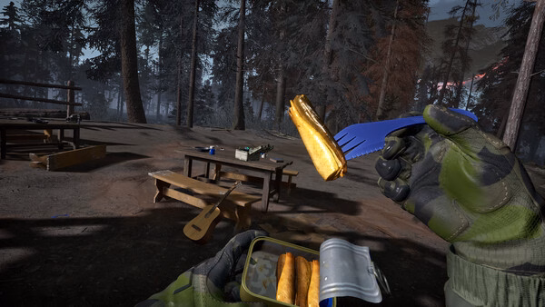 Into the Radius 2 screenshot: A gloved hand holding a fork and canned food in a forest campsite with benches and a guitar.