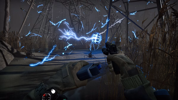 Screenshot from Into the Radius 2 showing a gloved hand holding a device amidst electric blue lightning in a desolate environment.