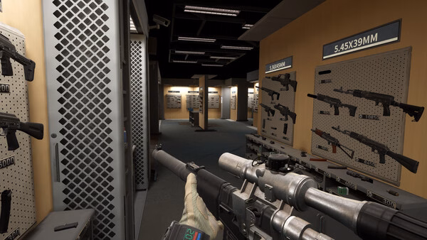 Into the Radius 2 screenshot: A player holds a sniper rifle inside an armory with various guns displayed on the walls.