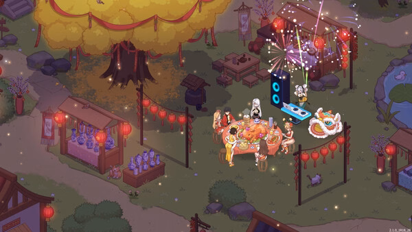 Screenshot from Love n Life: Happy Student showing a festive outdoor party with food, lanterns, and fireworks under a large tree.