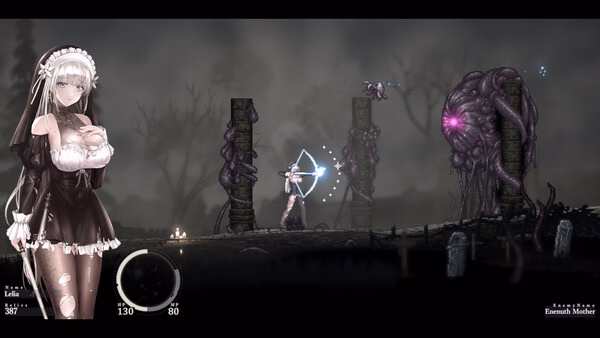 SiNiSistar 2 screenshot: A character aims a bow at a large, tentacled creature amidst a dark, eerie landscape.