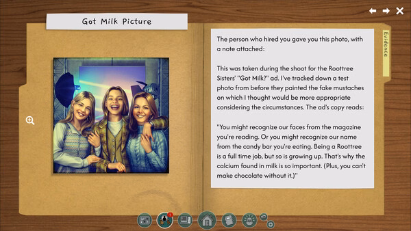 Screenshot of "The Roottrees are Dead" showing an in-game notebook open to a page with a photo and text about the Roottree sisters.