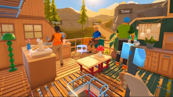 Screenshot from the game Outbound showing characters Dani, Dylan, and Tyler in a cozy wooden cabin with a scenic mountain view.