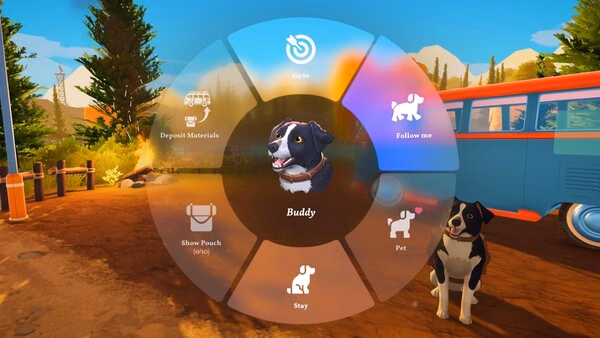 Screenshot from the game Outbound showing a menu wheel around a dog named Buddy, with options like "Pet" and "Follow me."