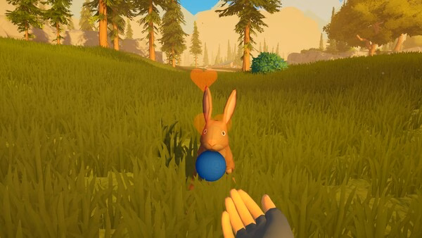A screenshot from Outbound showing a rabbit holding a blue ball in a grassy field, with a hand reaching toward it.