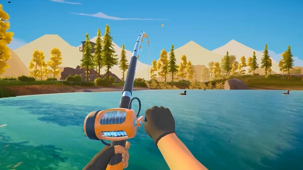 A screenshot from Outbound shows a player fishing in a serene lake, surrounded by trees and mountains under a clear sky.