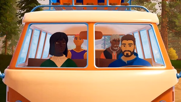 A screenshot from the game Outbound showing four characters seated inside a van with a forest visible in the background.
