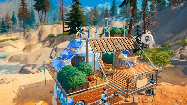 A screenshot from the game Outbound showing a detailed solar-powered camper with plants and gear on a sunny beach.