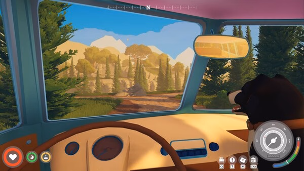 A screenshot from Outbound showing a dog in a car's passenger seat, overlooking a scenic forest and mountains.