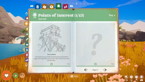 Screenshot from the game Outbound showing an open journal with "Points of Interest" and a lookout tower illustration.