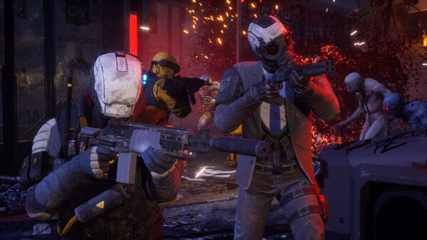 Killing Floor 3 screenshot: Armed soldiers in futuristic gear battle humanoid monsters amidst explosions and chaos in a dark urban setting.